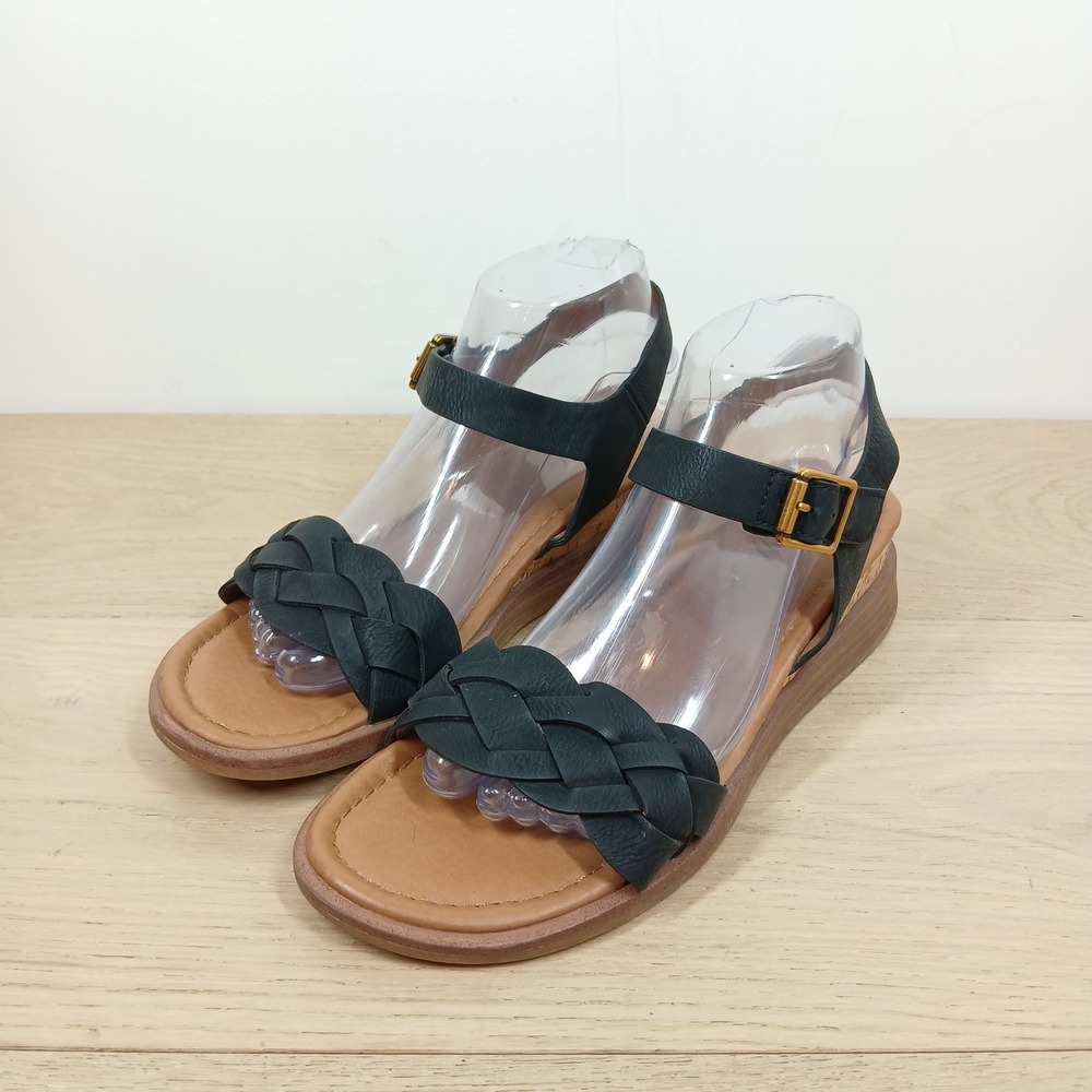 Eurosoft Wedge Sandals Women's 8.5 Black Braided Ankle Strap Cork Low Heel